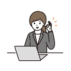 パソコンの前で笑顔でOKサインをするスーツの女性のイラスト