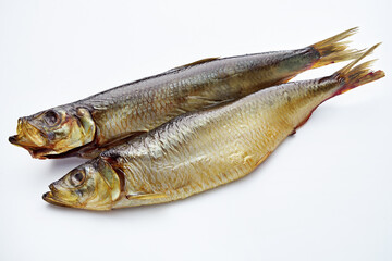 Dried salted fish on a white background