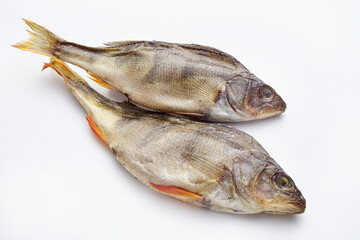 Dried salted fish on a white background