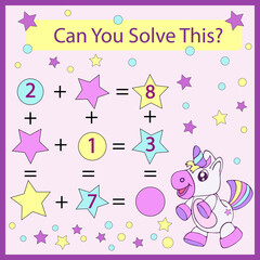 Mathematical education game with cute unicorn. Children mathematic worksheet. Kids activity page. Vector illustration.