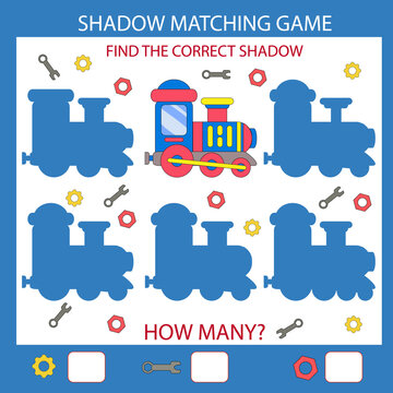 Education worksheet activity page shadow matching. Cartoon train. Funny riddle entertainment. Kids mathematical count game. Vector illustration. Train birthday decor. 