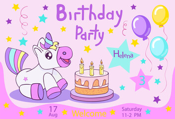 Birthday Party Invitation Card with cute cartoon Unicorn and holiday cake. Birthday décor with funny horse. Unicorn Baby Shower Theme Invitation Template. Vector illustration.