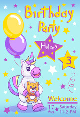Obraz na płótnie Canvas Birthday Party Invitation Card with cute cartoon Unicorn and toys cat. Birthday décor with funny horse. Unicorn Baby Shower Theme Invitation Template. Vector illustration.