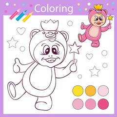 Children Coloring with cartoon cute little princess. Kids game. Entertainment for children. Drawing contour for coloring. Linear image funny girl. Activity page. Vector illustration.
