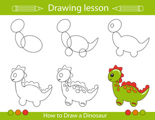 Drawing lesson for children. How draw a cartoon dinosaur. Drawing tutorial with funny cartoon dragon. Step by step repeats the picture. Kids activity art page for book. Vector illustration.