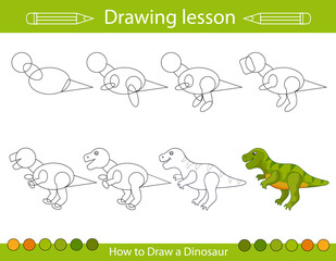 Drawing lesson for children. How draw a dinosaur. Step by step repeats the picture. Drawing tutorial with funny cartoon dragon. Kids activity art page. Vector illustration.
