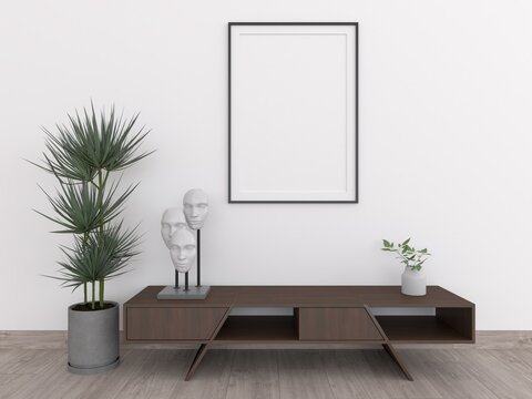 Interior decoration with frame mockup. 3d render