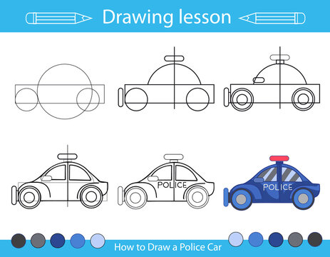 Drawing lesson for children. How draw a police car. Step by step repeats the picture. Drawing tutorial with the auto. Kids activity art page. Vector illustration.