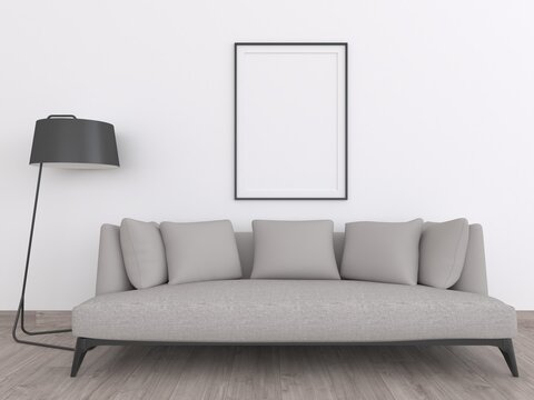 Interior living room decoration with frame mockup. 3d render