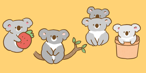 Vector Illustration of Cartoon Koala Bear Characters on Isolated Background