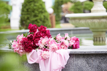 Peonies bouquet background. Spring, summer bright concept