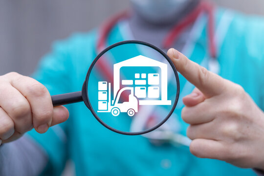 Doctor or pharmacist hold magnifier with warehouse and forklift icon. Medical Logistics, Supply Chain, Delivery, Distribution.