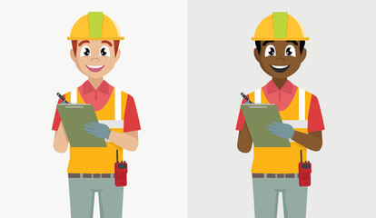 architect man in hard hat holding clipboard checklist with clipping path