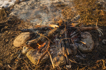 Small bonfire on the meadow during the day.