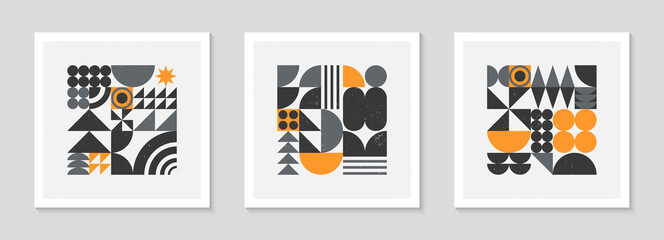 Set of abstract bauhaus geometric pattern backgrounds.Trendy minimalist geometric design with simple shapes and elements.Mid century modern artistic vector illustration.Futuristic wall art decor.
