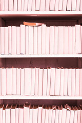 wardrobe with pink books. decor element. texture, background. wall. literature, library.
