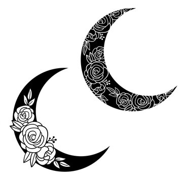 Crescent moon of flowers. Vector hand drawn illustration. Tattoo design, logo, wedding invitation, greeting card.