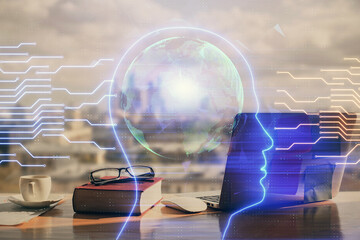 Multi exposure of brain drawings and desk with open notebook background. Concept of AI