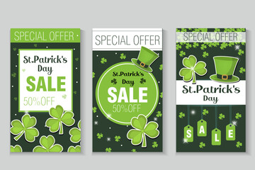 St. Patrick Day discounts promotions, poster, flyer. Super Sale. Template for your design with clover, shamrock. Vector illustration