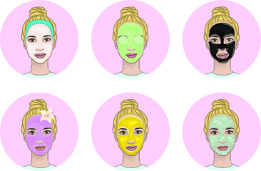 Collection of different beauty masks on a blond woman face.