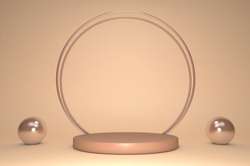 3D beautiful beige shining effect round podium with gold decoration circle frame isolated on pastel background. Minimal scene with geometrical objects. Studio to show cosmetic or beauty product.