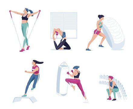 Women athletes doing exercises training at gym set. Sporty people working out lifting dumbbells  weight, jogging on treadmill. Sport, wellness, workout, run, fitness. Flat vector illustration