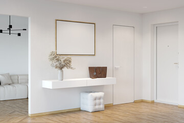 A white hallway with a blank horizontal poster between the door and the doorway to the living room, pampas grass and a bag on the curbstone, a pouf on the parquet floor, the front door. 3d render