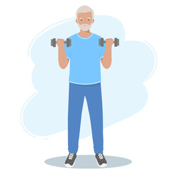 Elderly man in sports clothes holds dumbbells in his hands. Retired grandfather, a pension, and a healthy lifestyle.