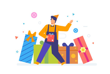 Person receives many gifts illustration. Discounts, holiday, benefit. Flat illustration Icons infographics. Landing page site print poster.