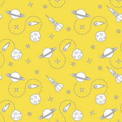 Space seamless pattern with rocket, planet, stars.