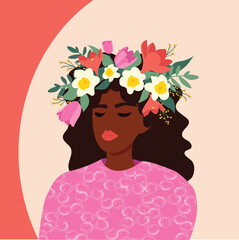  Girl with flowers, vector illustration. Cute flat cartoon template for cards and posters. International Women's Day.