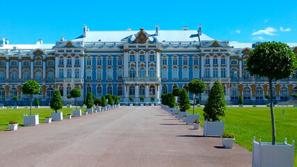 Facade of Catherine Palace located in suburb of St. Petersburg, in city of Pushkin (Tsarskoe selo),...