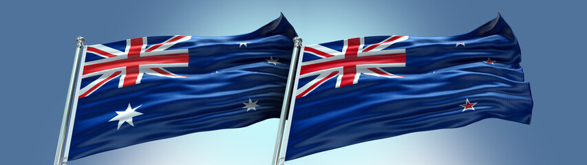 New Zealand Flag and Australia Flag waving with texture Blue sky Double flag © Flag Store