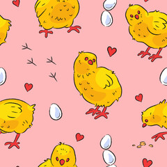 Seamless pattern with cute chicken. Vector illustration of cartoon yellow chick