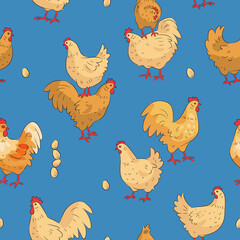 Seamless pattern with cute cartoon hens and roosters. Vector illustration