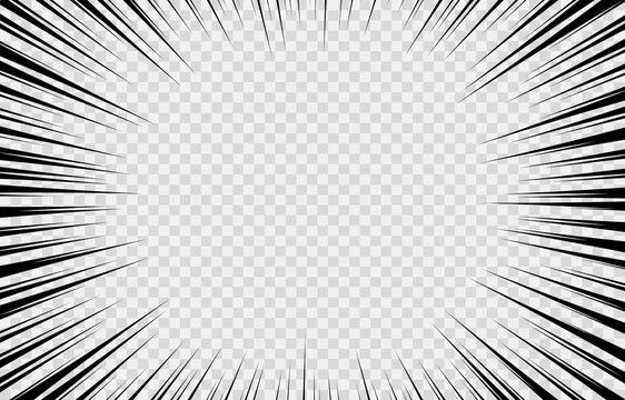 Motion radial lines isolated on transparent background. Comics style, explosion background. Manga action frame lines. Cartoon template design. Black and white vector illustration