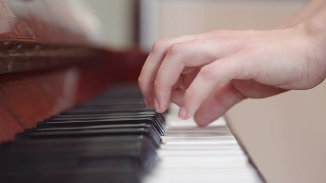 Musician plays chords on the piano with hands. Pianist plays close-ups with fingers on piano keys. Education to play the pianino.