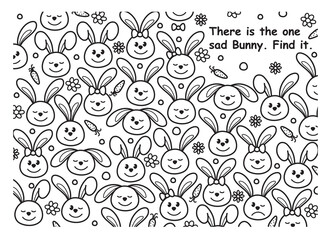 Vector cute little rabbits. Find sad Bunny, fun game for kids. Coloring, activity page.