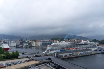 Fototapeta na wymiar Bergen / Norway - June, 2020: View of street and authentic houses of Bergen.