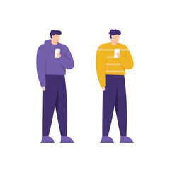 illustration of a man standing and using a smartphone. people wearing jackets and sweaters. wear casual clothes. fashion style. flat vector design