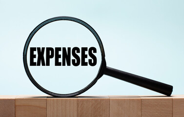 Cubes on a light blue wooden background. On them a magnifying glass with the word EXPENSES