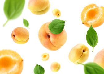 apricots group, slices and leaves flying on white background