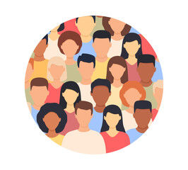 Diverse multicultural group of people standing together in round shape. Concept of diversity men and women silhouettes. Human social diversity crowd in circle. Vector illustration isolated on white.