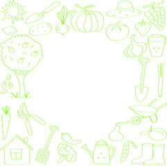 Garden symbols for website design in doodle style. The art line for children's coloring is drawn from outlines.