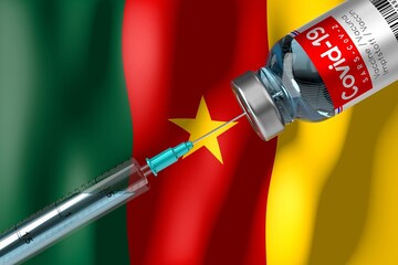 Covid-19, SARS-CoV-2, coronavirus vaccination programme in Cameroon, vial and syringe - 3D illustration