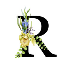 Floral spring alphabet. Capital letter R. Font element with spring garden flower bouquets composition. Flower letter. Wedding invitations, baby shower, birthday, other ideas. On white background.