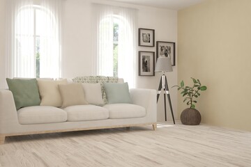 White living room with sofa. Scandinavian interior design. 3D illustration