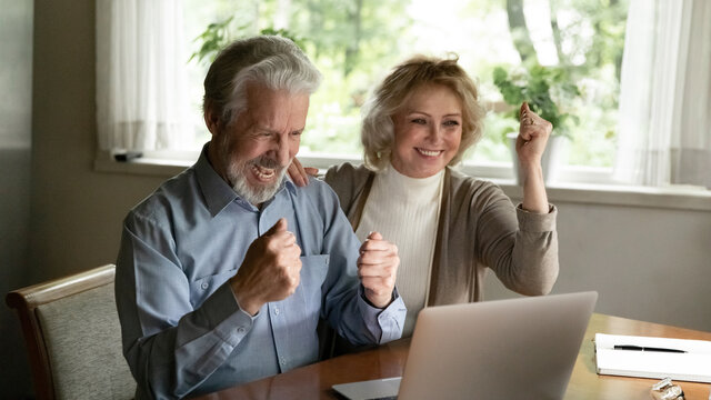 Happy excited mature pensioner couple celebrate success, look at laptop screen, make winner gesture. Middle aged husband and wife get high income amazing good news from online message or video call