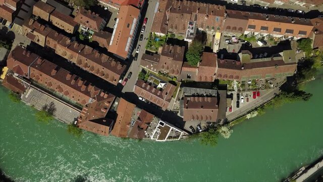 sunny day bern city rooftop aerial down view riverside panorama 4k switzerland