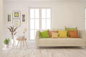 White living room with colorful sofa. Scandinavian interior design. 3D illustration